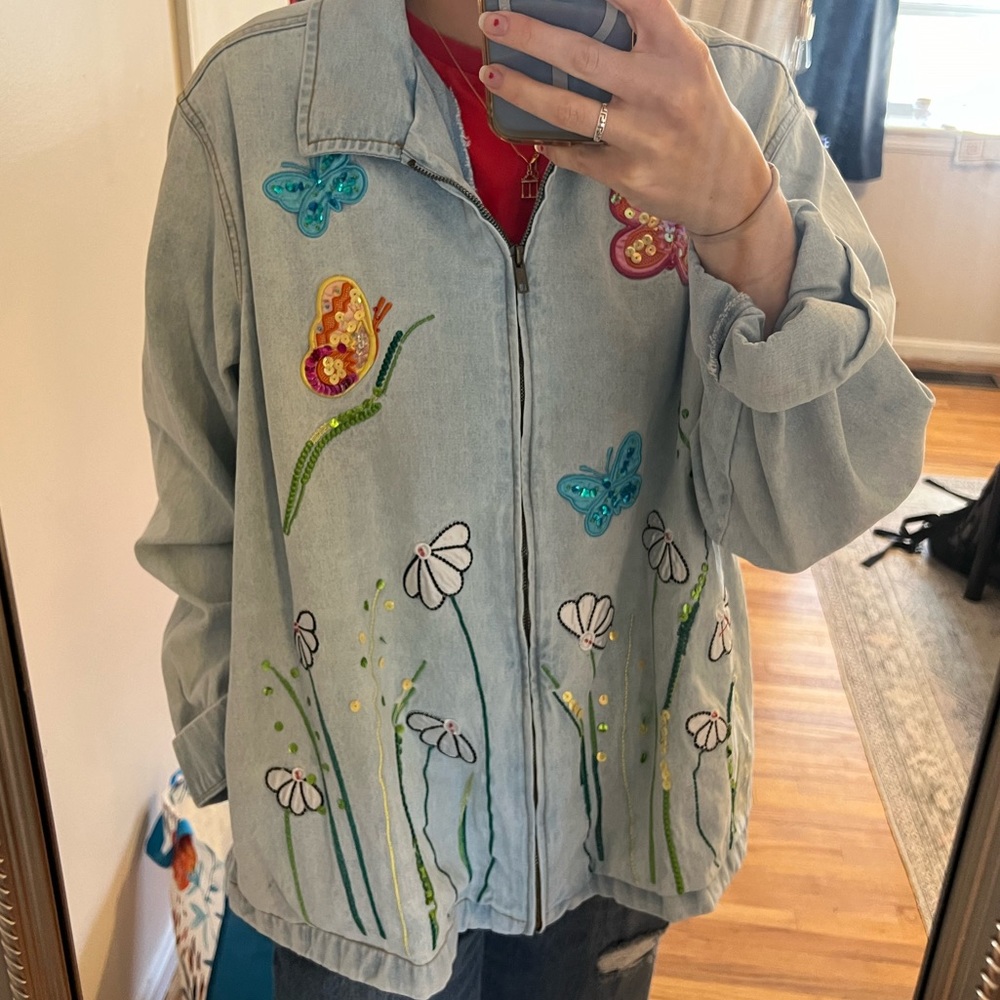 Embroidered and beaded white stag Jean jacket